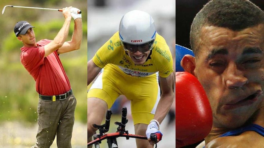 A trio of photos show a golfer, a cyclist and a boxer.