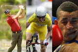 A trio of photos show a golfer, a cyclist and a boxer.