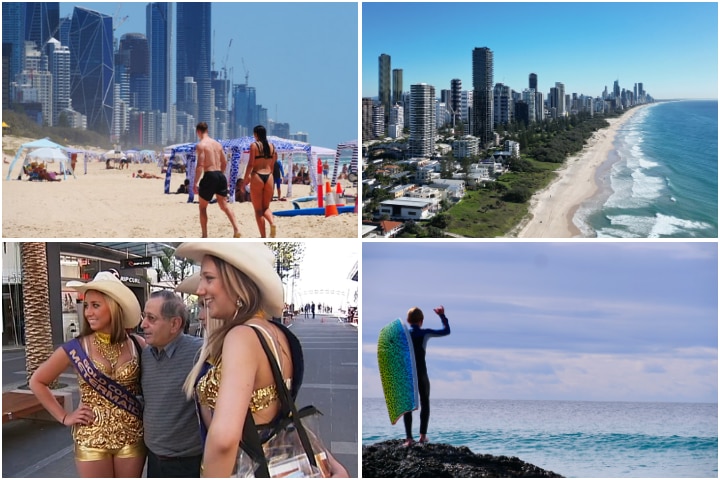 A collage of 4 beach images from the Gold Coast, including meter maids, a surfer and the long beach.