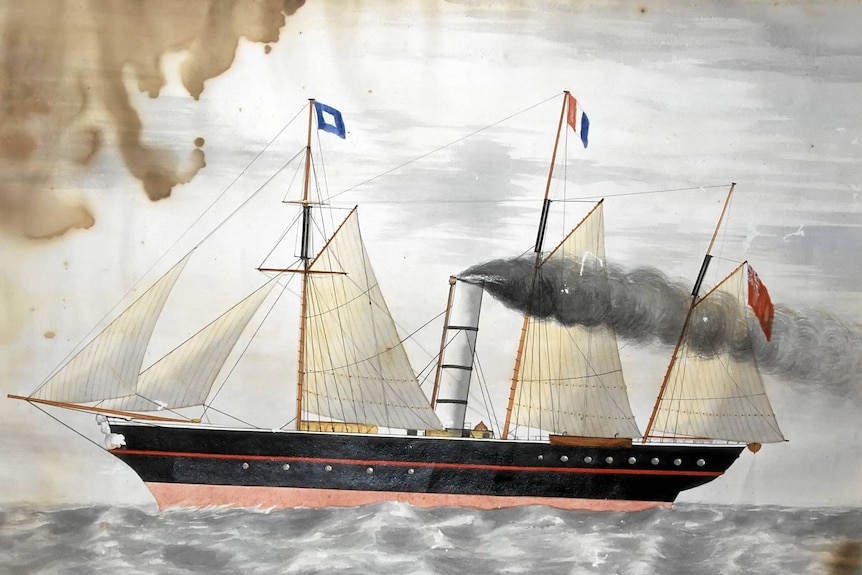 Drawing of a steam ship with sails.