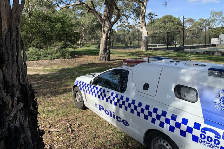 A police car parked in a park, with tennis courts visible in the background.