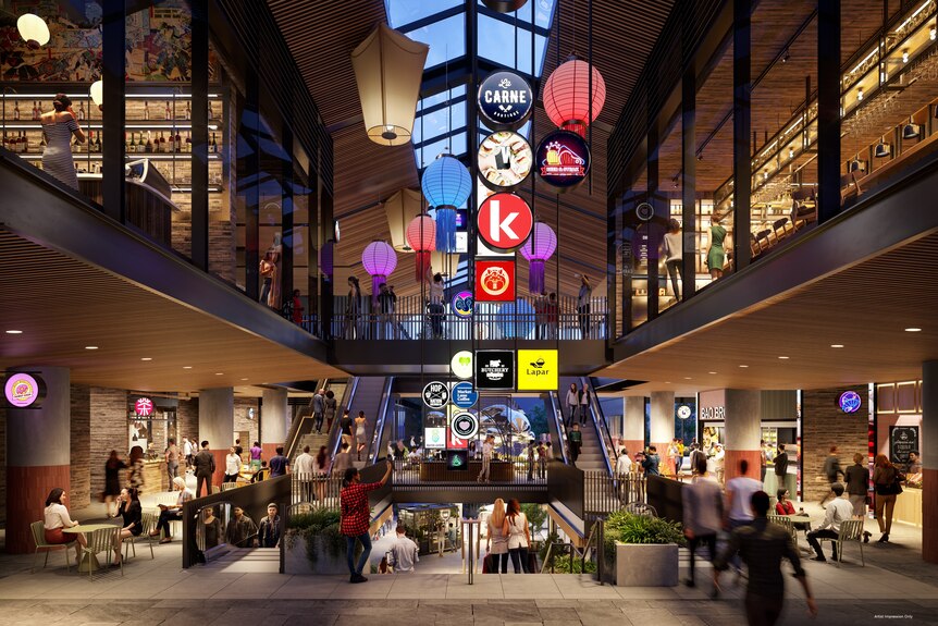 A concept photo for a new Chinatown mall in Box Hill showing the inside with paper lanterns and escalators.
