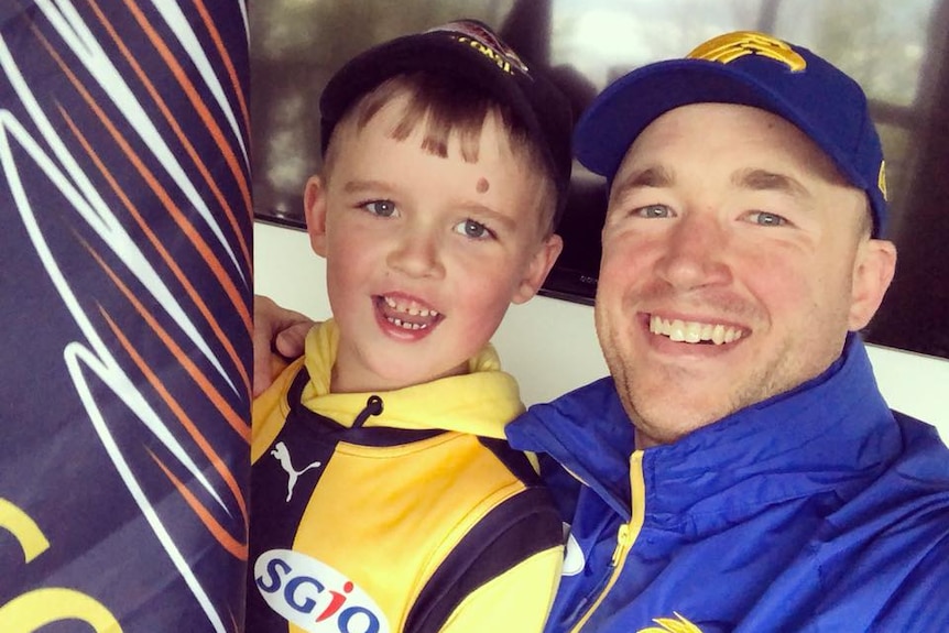 Brent Costelloe and his son Fletcher in West Coast gear