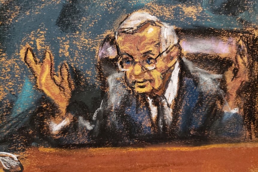 A courtroom sketch of a white male judge guesting with his hands.