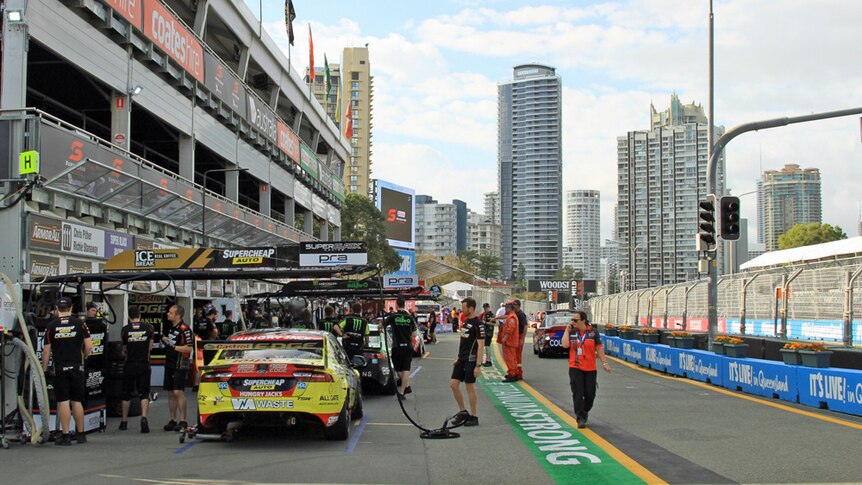 Pit lane at the GC600 with Surfers Paradise skyline in the background
