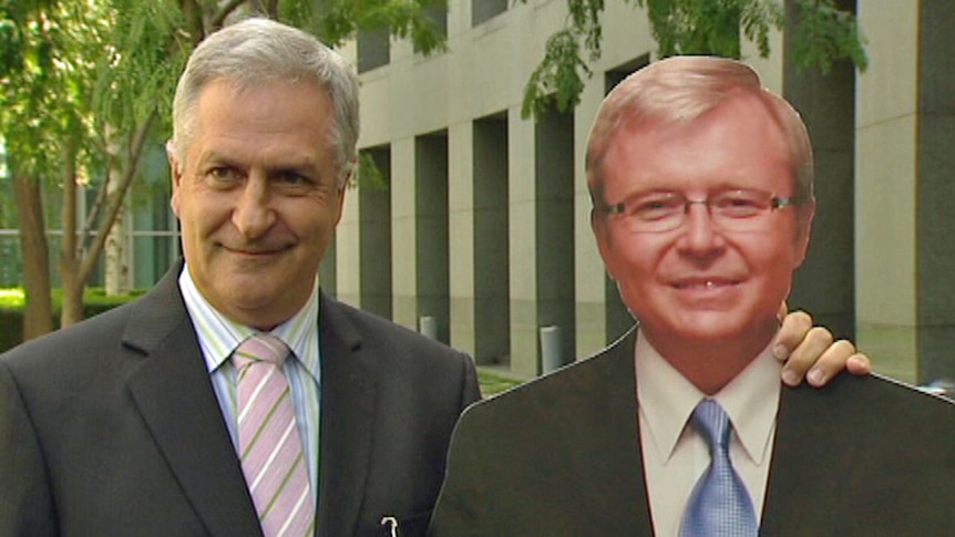Liberal MP Don Randall with the cardboard cut-out of Kevin Rudd.
