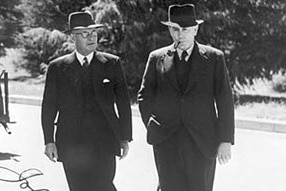Prime minister John Curtin and then treasurer Ben Chifley walking near Parliament House in 1945. (Image supplied by Chief Min...