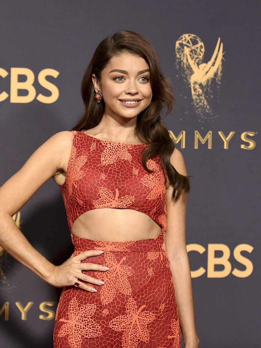 Modern Family's Sarah Hyland in a red dress.