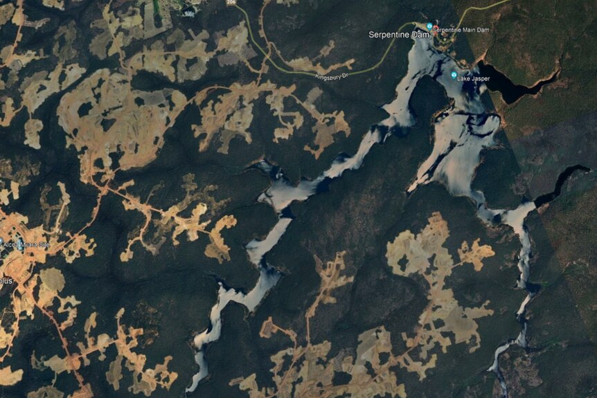 Satellite photo of a dam, with nearby forest clearing for mining.