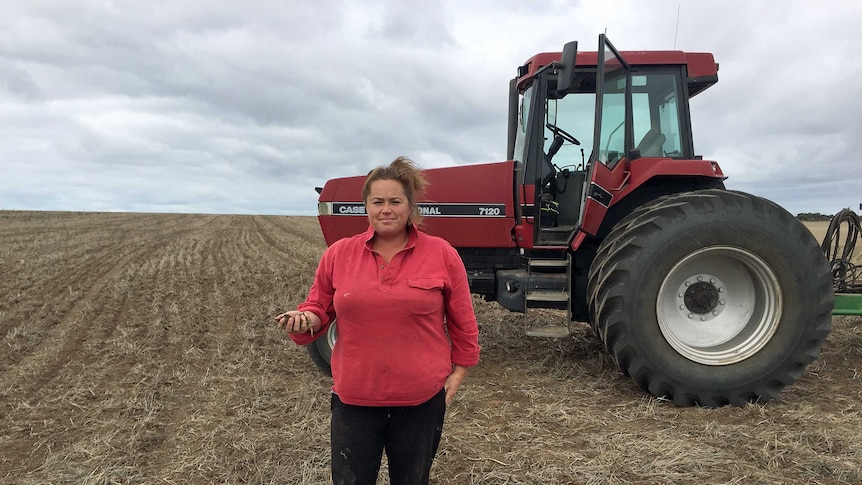 Tootenilla farmer Kim Willlas stands in front of tractor and holds up a handful of dry soil in a paddock she has dry sown.