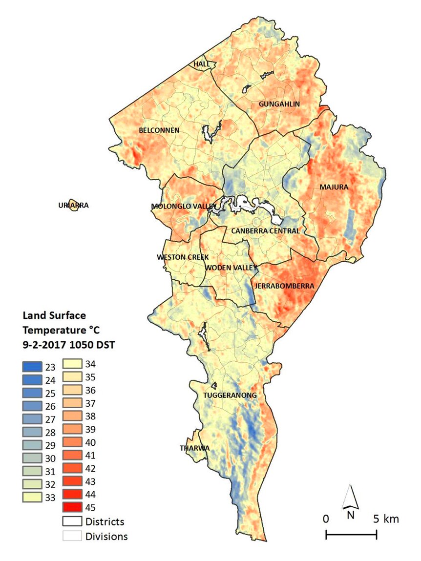 A heatmap shows hotspots in land surface temperature of urban areas around Canberra.