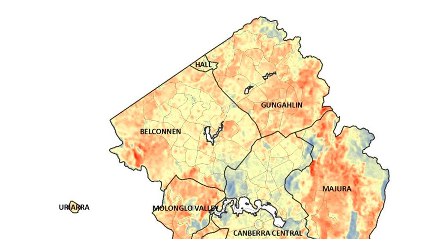 A heatmap shows hotspots in land surface temperature of urban areas around Canberra.