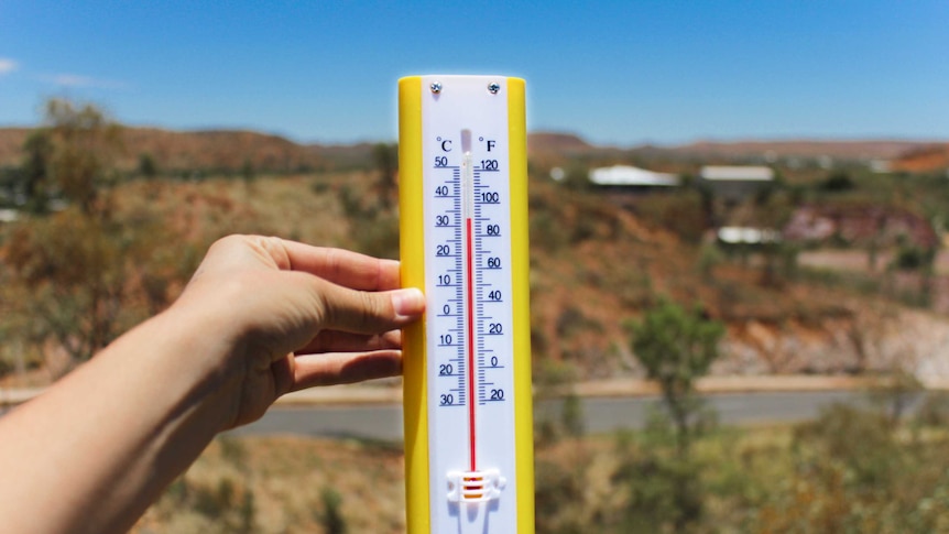 A hand holds a thermometer in front of an outback scene.