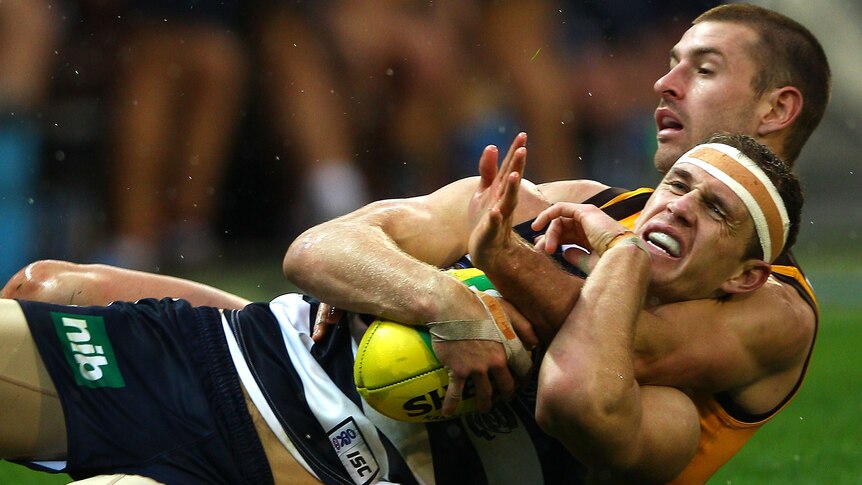 In the clear ... Brendan Whitecross (R) with Joel Selwood during the MCG encounter