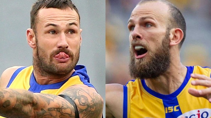 A composite image showing tight headshots of West Coast Eagles players Chris Masten and Will Schofield side by side.