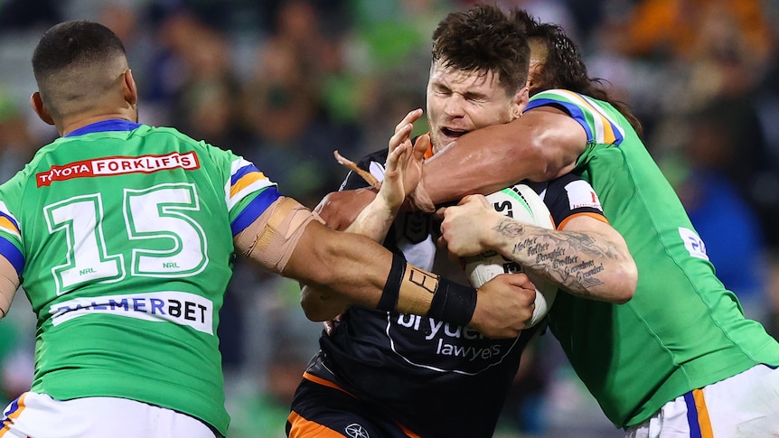 A Wests Tigers NRL player holds the ball while being tackled by two Canberra Raiders opponents.