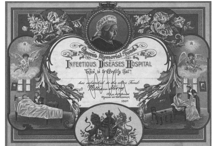 A certificate features a portrait of Queen Victoria and the words 'Queens Memorial Fund Infectious Diseases Hospital'.