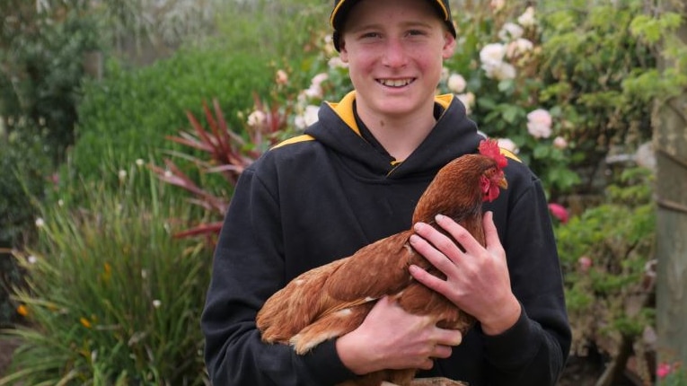 A boy stands in a garden holding a chook.