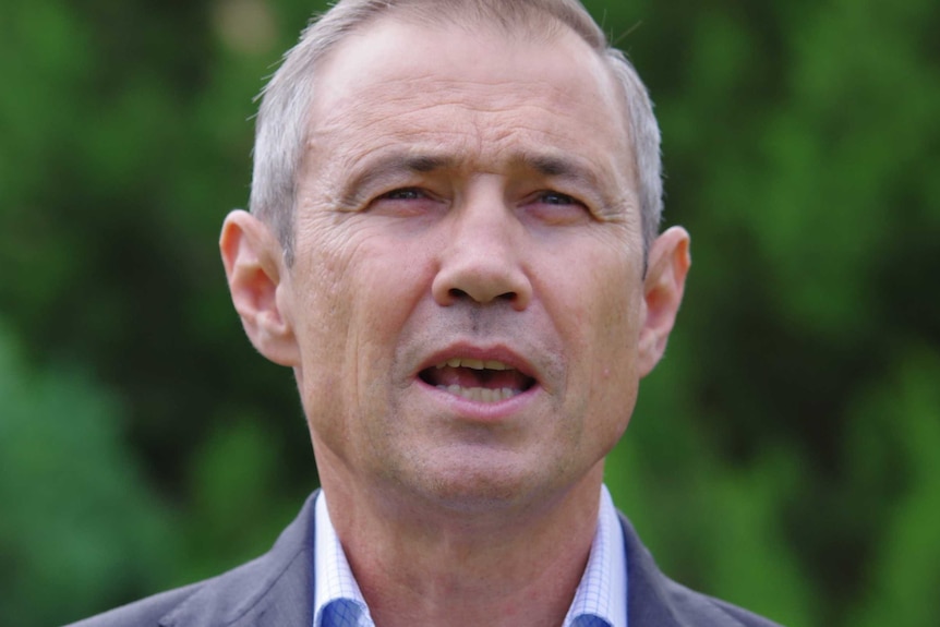 WA Health Minister Roger Cook speaks in front of a green background, which is out of focus.