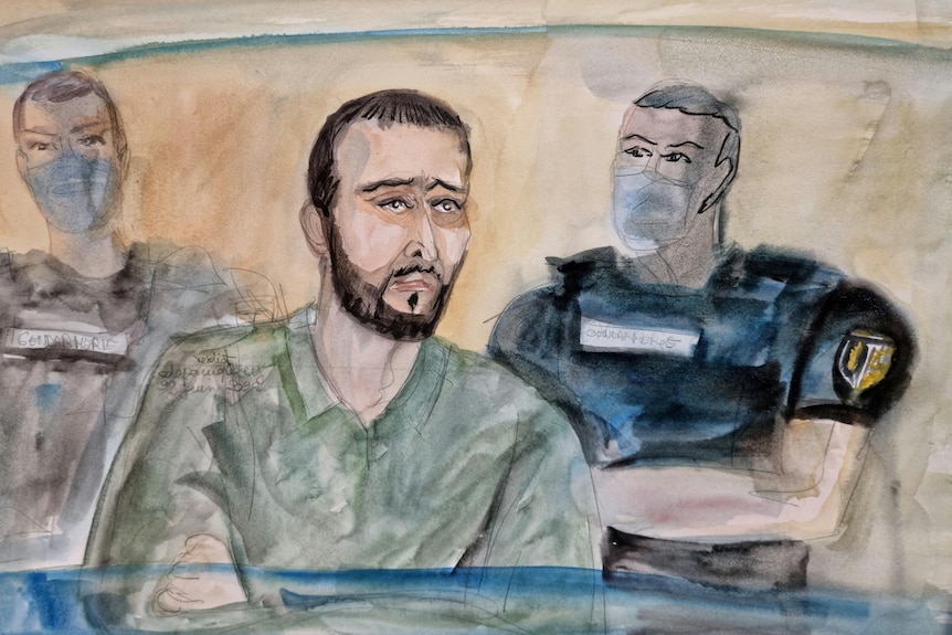 An artist's sketch shows Salah Abdeslam in court
