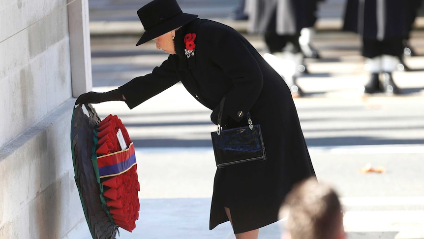 The Queen lays a wreath at the annual Remembrance Sunday ceremony at the Cenotaph in London.