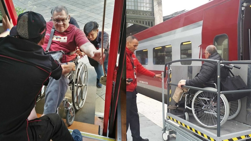 Pengalaman berbeda yang dialami MH Thamrin dengan kursi roda di Surabaya (kiri) dan dalam perjalanan di luar negeri.