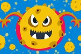Illustration of a influenza virus with a mean face and angry hands for a story about flu symptoms, complications and vaccines.