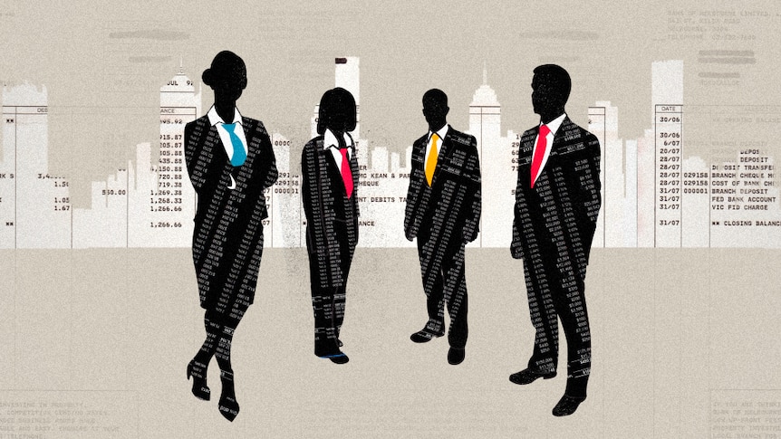 Animation showing black silhouettes stand in front of a city skyline made of bank statements.