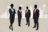 Animation showing black silhouettes stand in front of a city skyline made of bank statements.