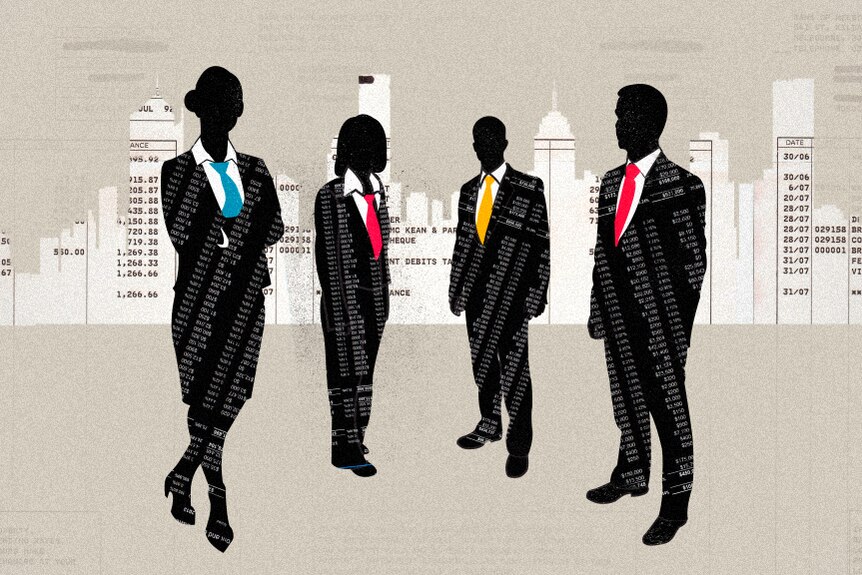 A graphic shows four men in suits and ties that match the colours of the 'Big Four' banks. Text omitted.