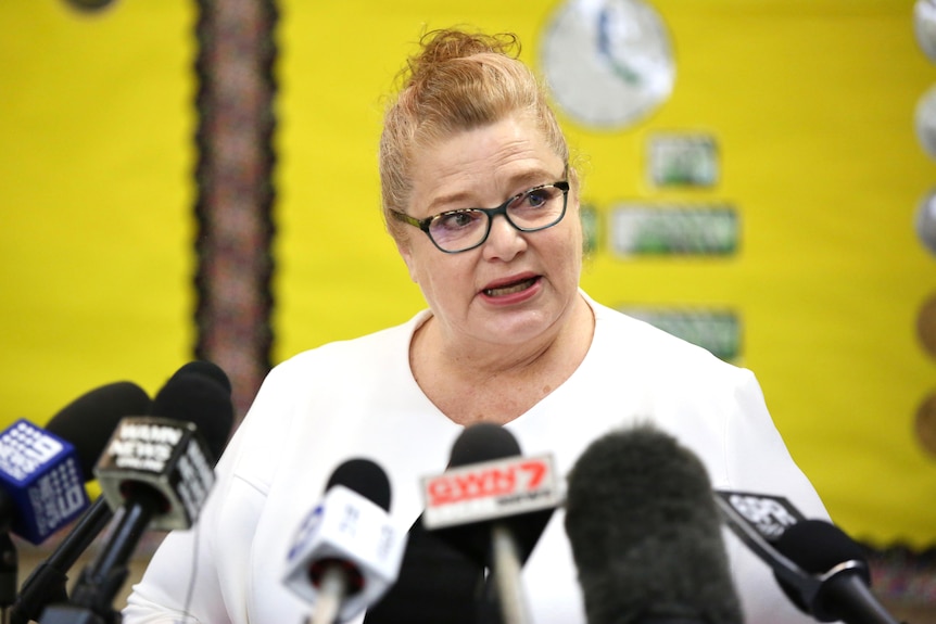 Medium shot of Western Australia Education Minister Sue Ellery speaking at a media conference on a yellow background.
