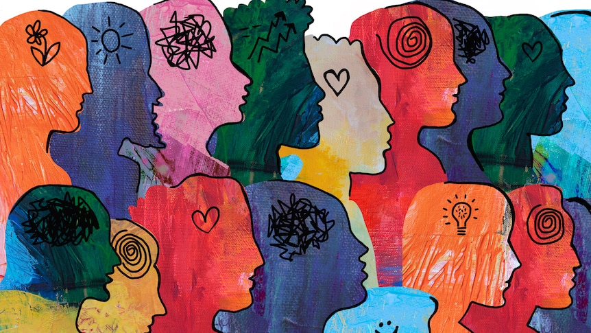 Colourful mental health graphic showing people with different thoughts.