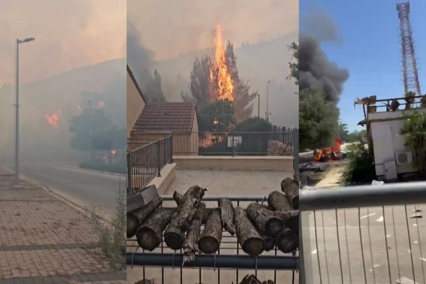 Composite of three photos showing things on fire in an arid township.