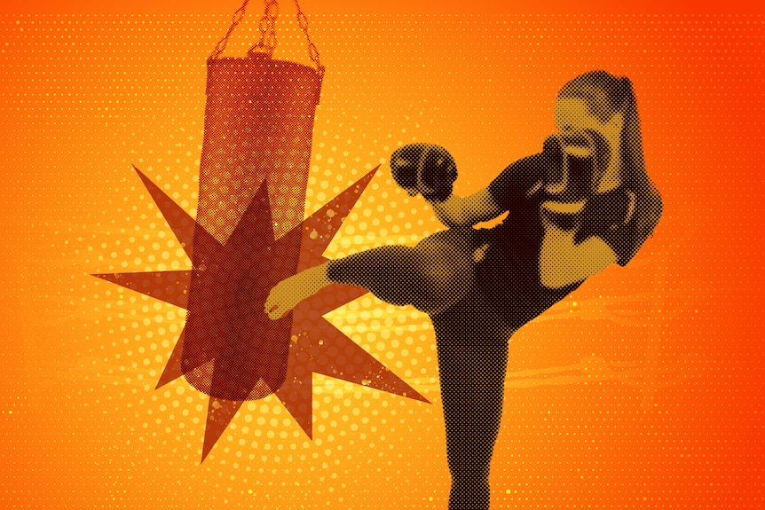 A digitally generated image of a woman kickboxing a weighted bag.