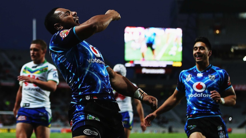 Attacking prowess ... Ngani Laumape celebrates after scoring a try for the Warriors