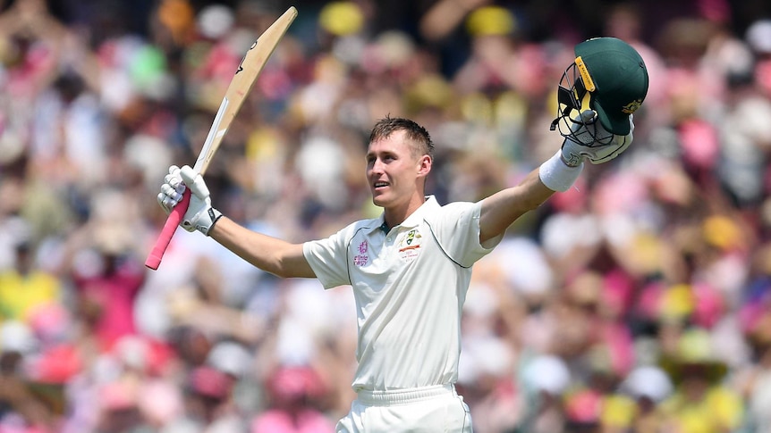 A cricketer brandishes his bat in the air in one hand and his helmet in the other in celebration.