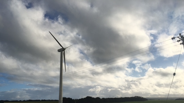 Wind turbine in field on cloudy day