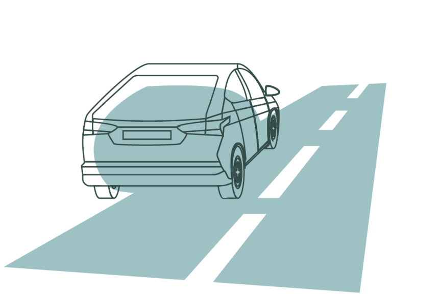 A digitally drawn graphic of a car travelling on a two-lane road.