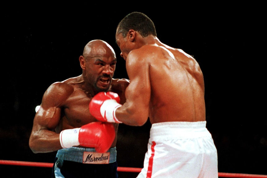 Marvelous Marvin Hagler punches Sugar Ray Leonard in a boxing match