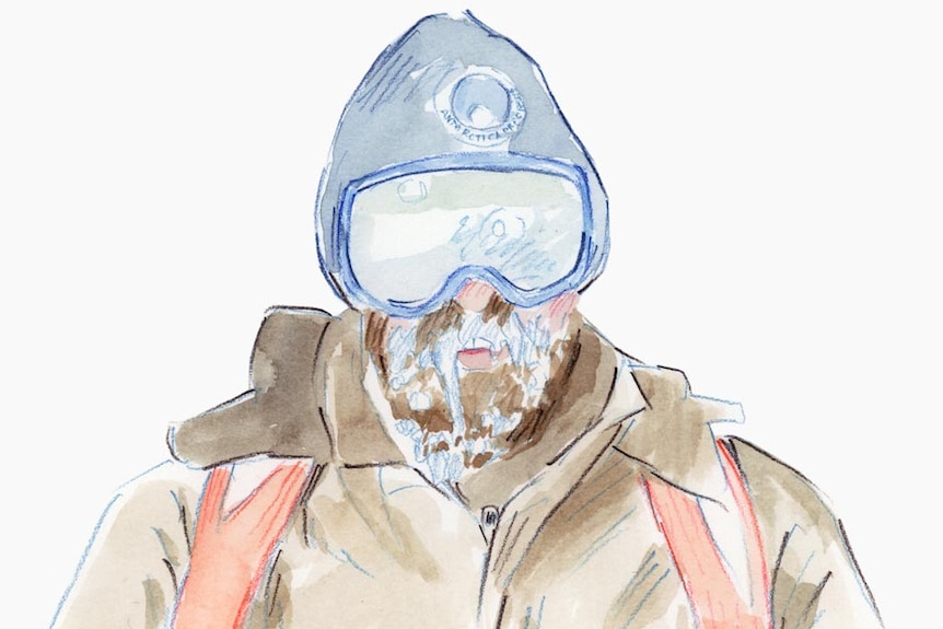 A watercolour illustration of Antarctic carpenter Scott Watkins standing in his cold weather gear.