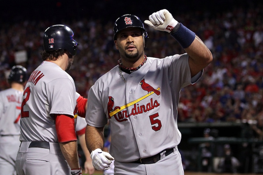 Albert Pujols after hitting a home run in world series for Cardinals