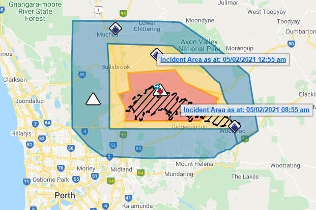 An emergency warning map for the Perth Hills bushfire.