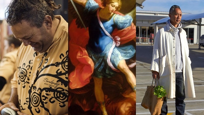 Three images composite: man in coat, painting Archangel Michael Fighting Lucifer and man in coat