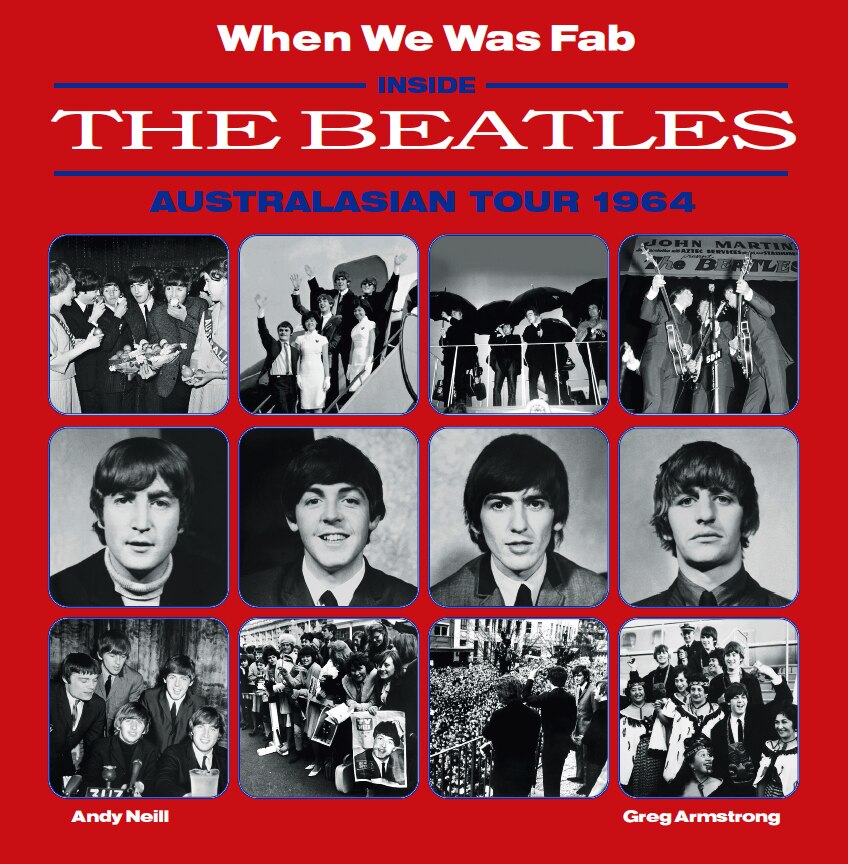 A red book cover with 12 small squares featuring black and white photos of The Beatles