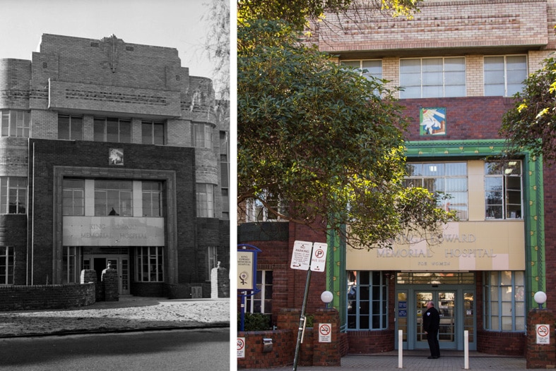 A composite image showing the 1939 art deco entrance to King Edward Memorial Hospital originally and now.