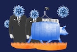 A collage-style illustration includes a pig with a barrel around its middle, men in suits with COVID heads, and Parliament House