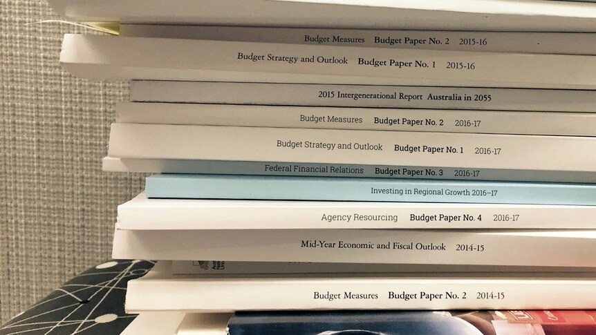 A pile of federal budget booklets from various years.