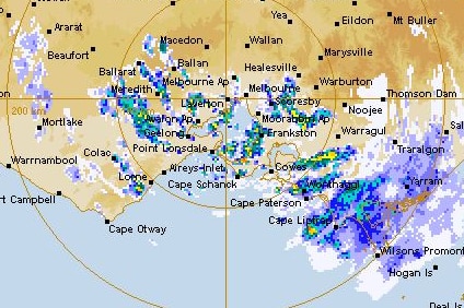 A map of Melbourne and surrounding parts of Victoria shows blue and yellow patches.