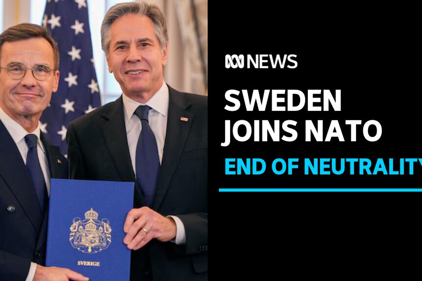 Sweden Joins NATO, End of Neutrality: Prime Minister of Sweden and US Secretary of State hold a folder with a coat of arms on it