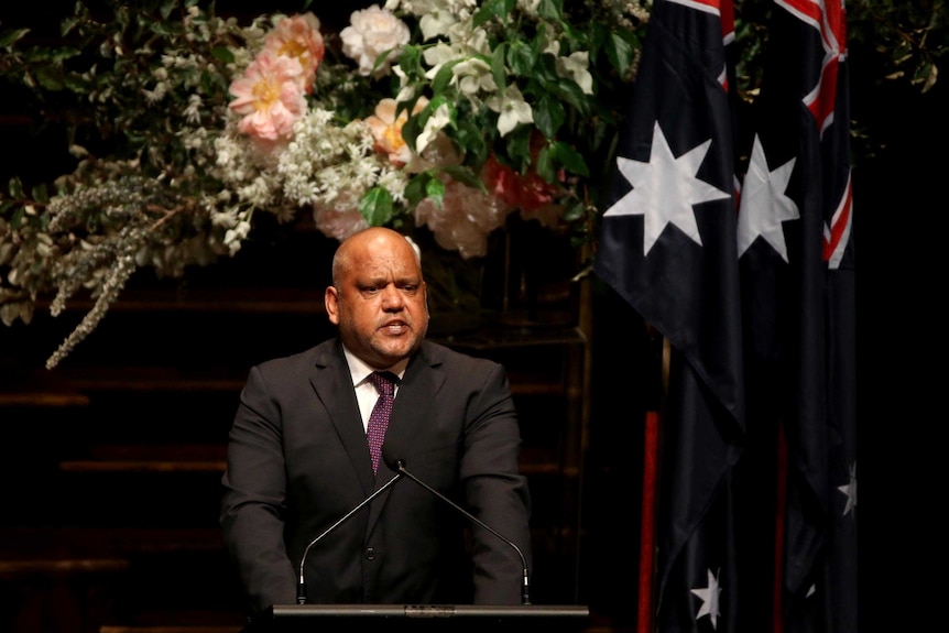 Noel Pearson delivers the eulogy at the state memorial for Gough Whitlam.